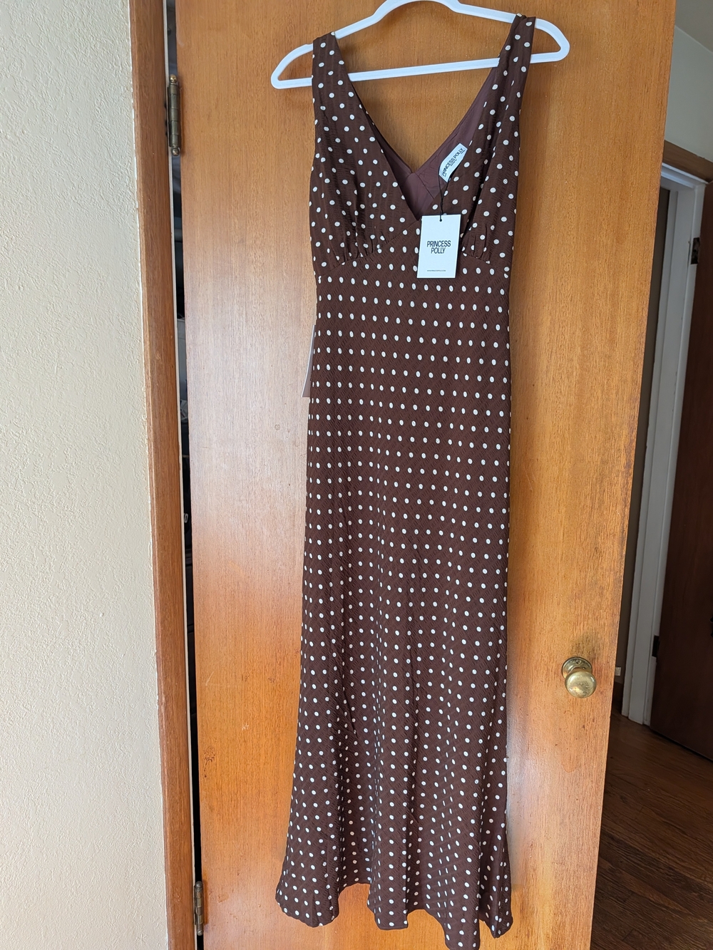 NWT Princess Polly Nellie Brown and White Polka Dot V-Neck Maxi Dress - Picture 2 of 8